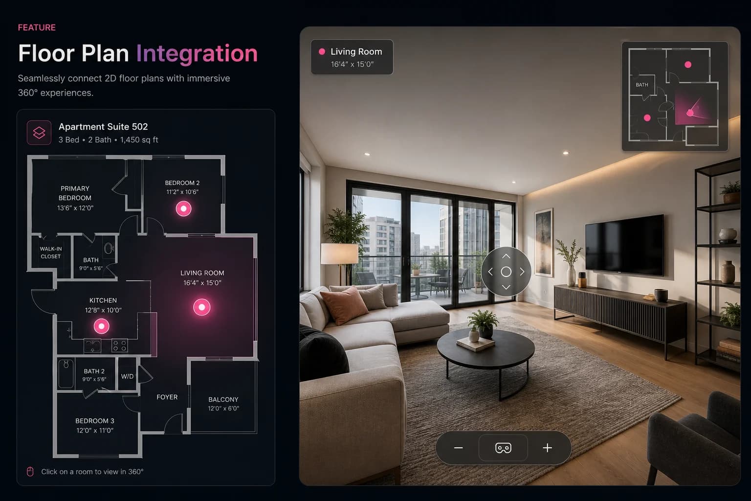 Interactive floor plan with room markers linked to a matching 360 living room scene