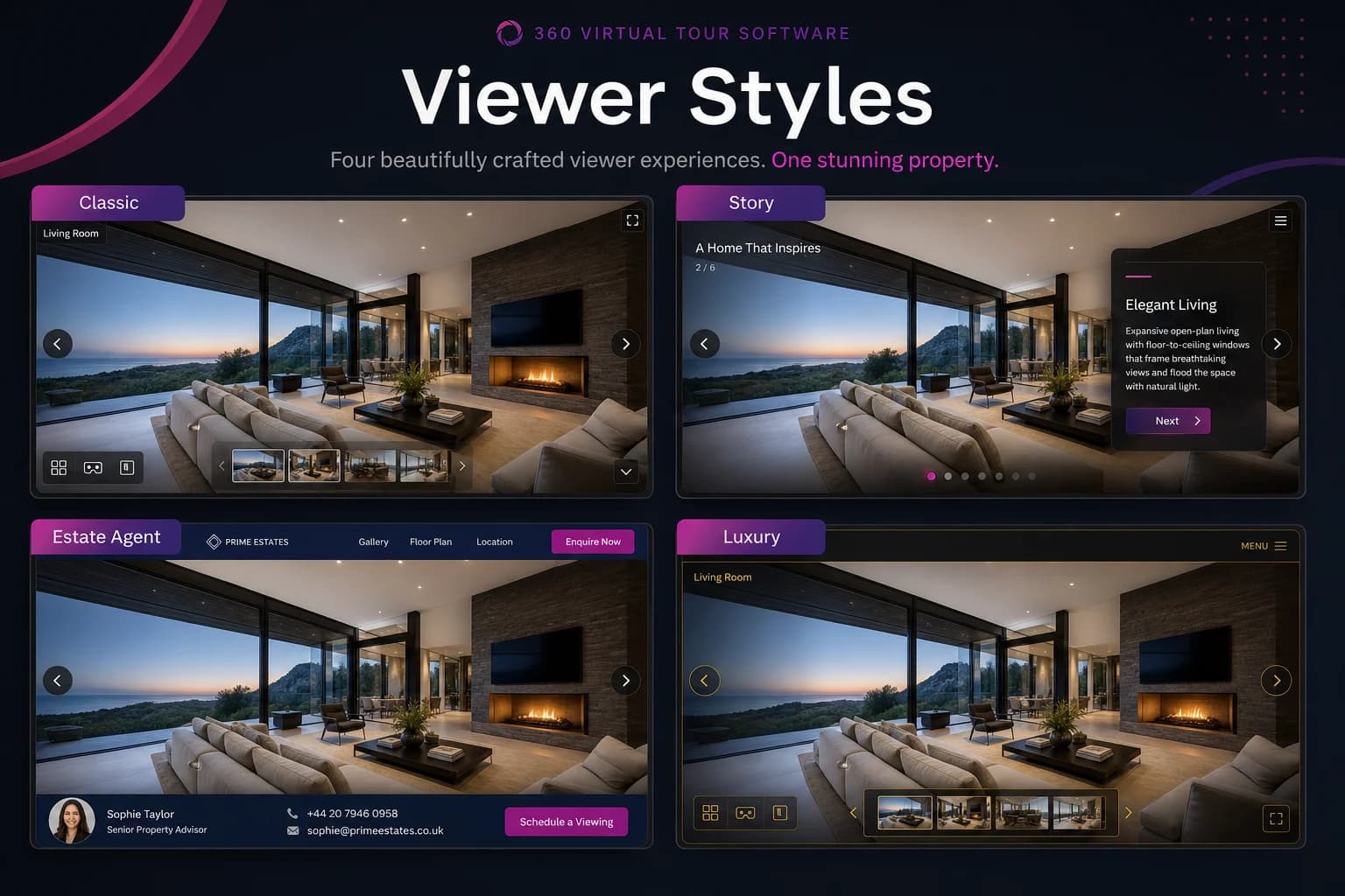 Four viewer style layouts — Classic, Story, Estate Agent and Luxury — applied to the same property tour