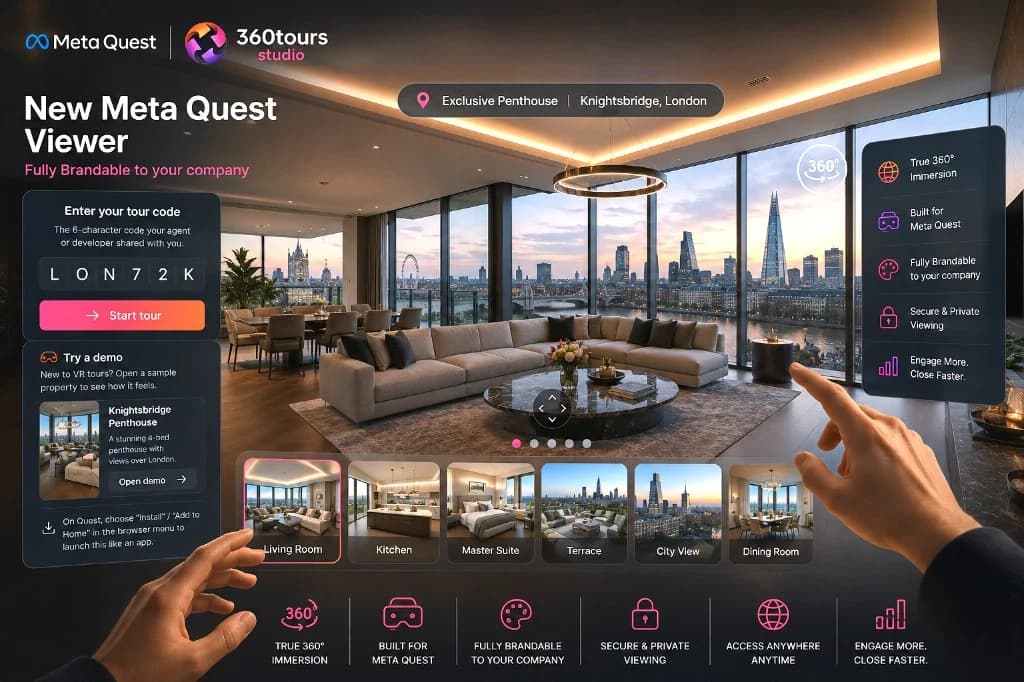 The 360 Tours Meta Quest viewer showing an immersive tour of a luxury London penthouse